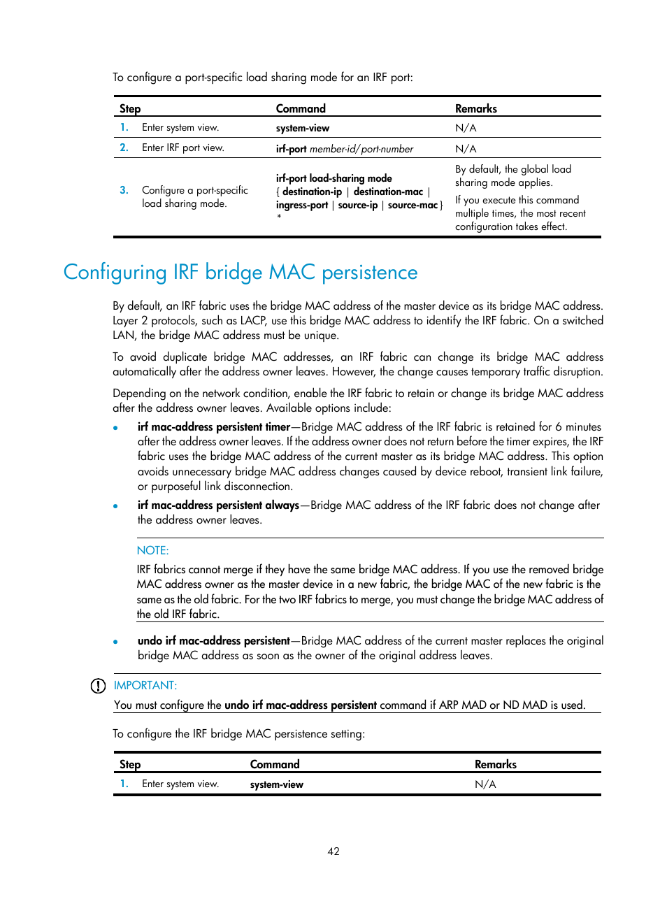 Configuring irf bridge mac persistence | H3C Technologies H3C SecPath F5020 User Manual | Page 51 / 82