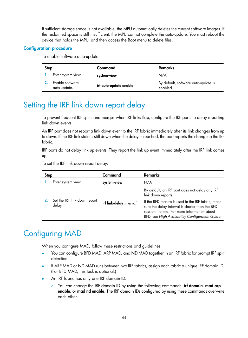 Configuration procedure, Setting the irf link down report delay, Configuring mad | H3C Technologies H3C SecPath F5020 User Manual | Page 53 / 82