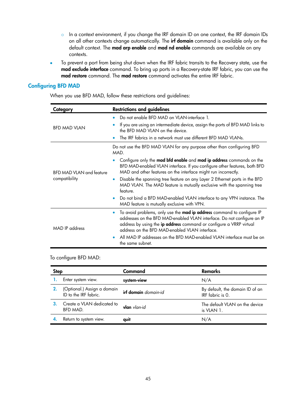 Configuring bfd mad | H3C Technologies H3C SecPath F5020 User Manual | Page 54 / 82