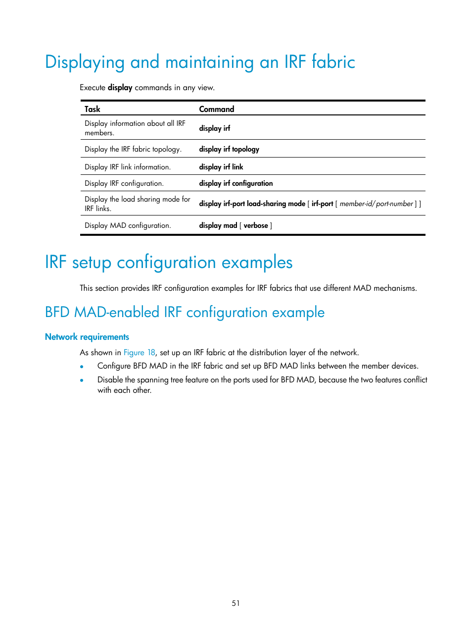 Displaying and maintaining an irf fabric, Irf setup configuration examples, Bfd mad-enabled irf configuration example | Network requirements | H3C Technologies H3C SecPath F5020 User Manual | Page 60 / 82