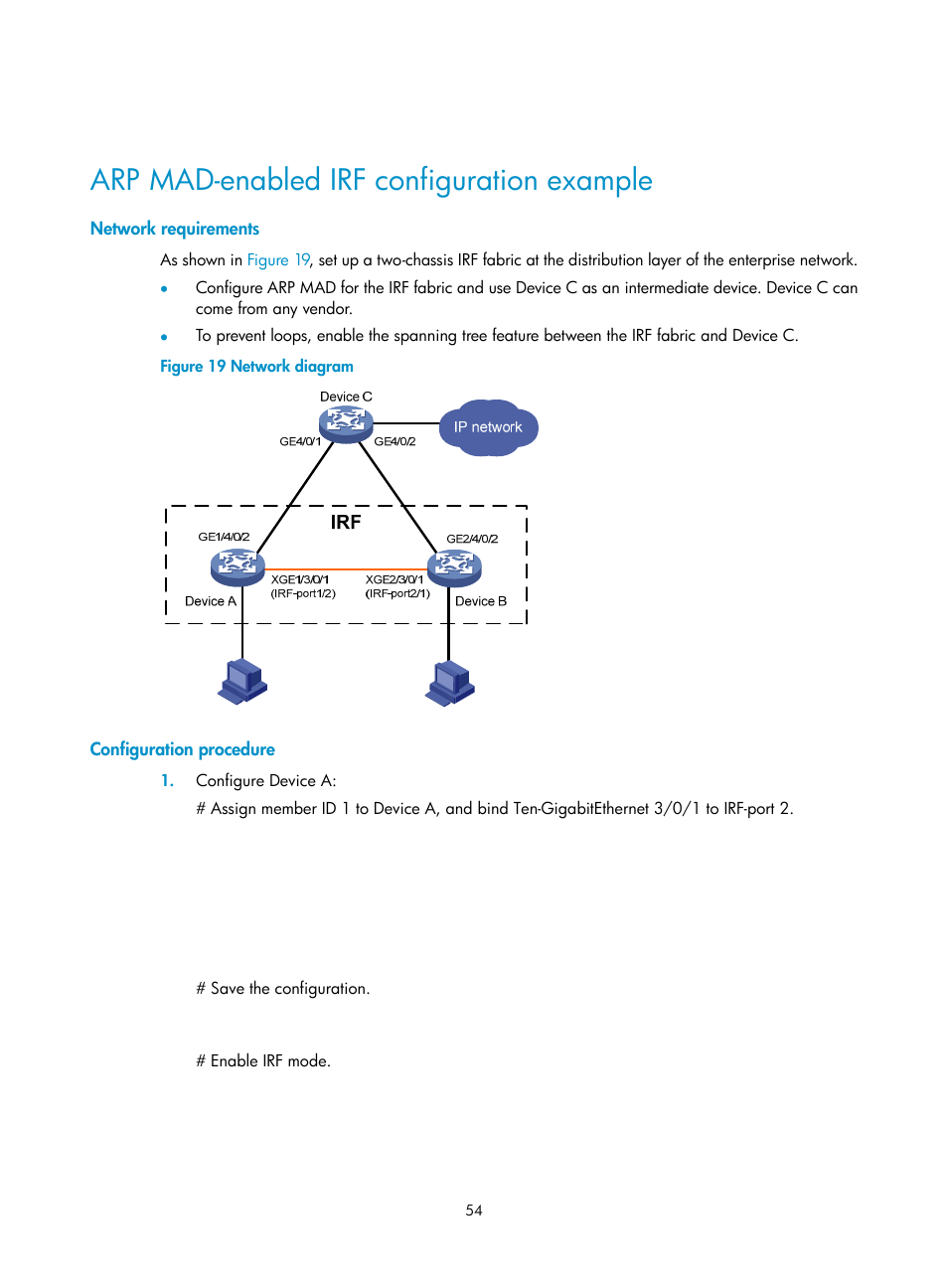 Arp mad-enabled irf configuration example, Network requirements, Configuration procedure | H3C Technologies H3C SecPath F5020 User Manual | Page 63 / 82