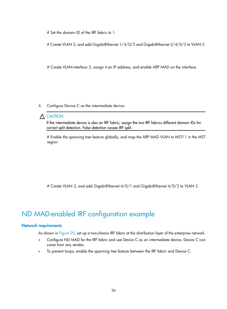Nd mad-enabled irf configuration example, Network requirements | H3C Technologies H3C SecPath F5020 User Manual | Page 65 / 82
