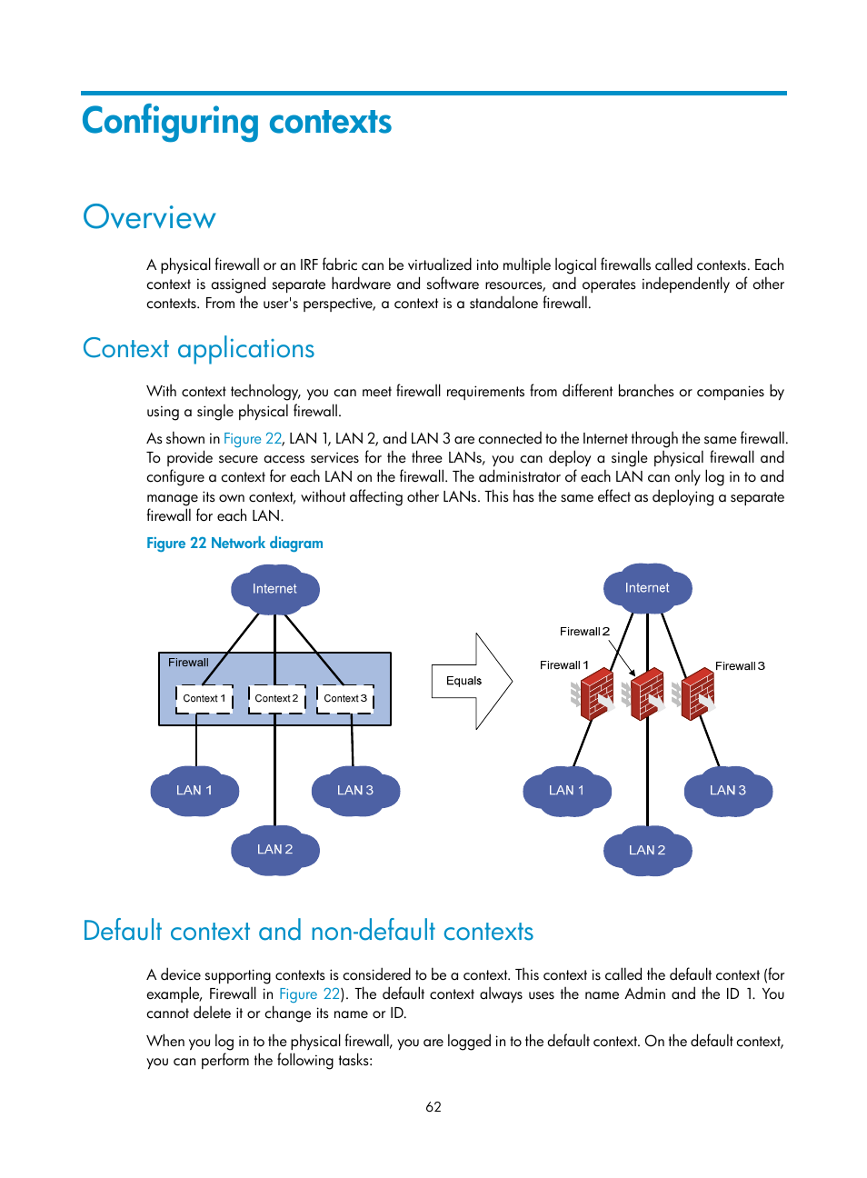 Configuring contexts, Overview, Context applications | Default context and non-default contexts | H3C Technologies H3C SecPath F5020 User Manual | Page 71 / 82