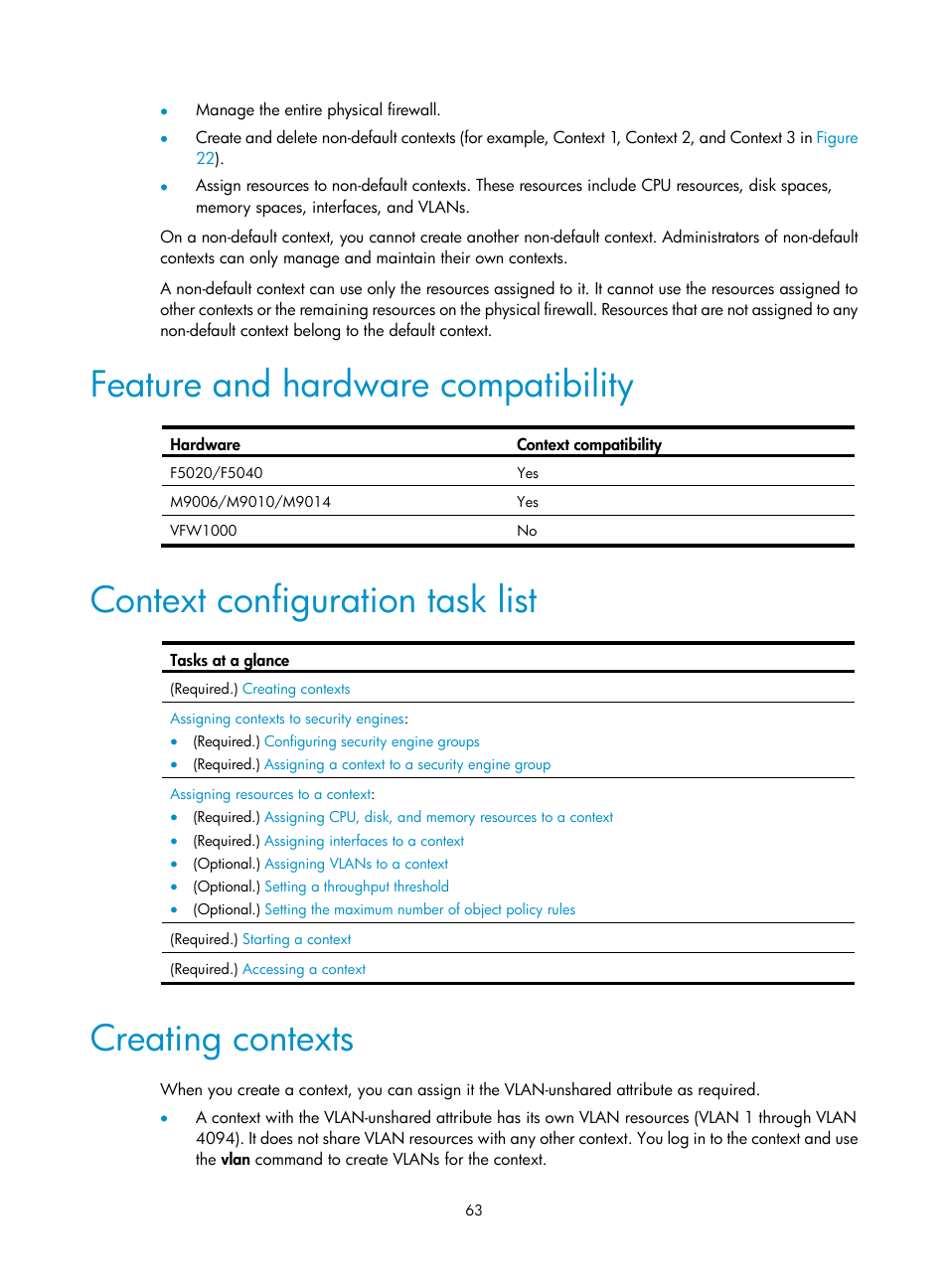 Feature and hardware compatibility, Context configuration task list, Creating contexts | H3C Technologies H3C SecPath F5020 User Manual | Page 72 / 82