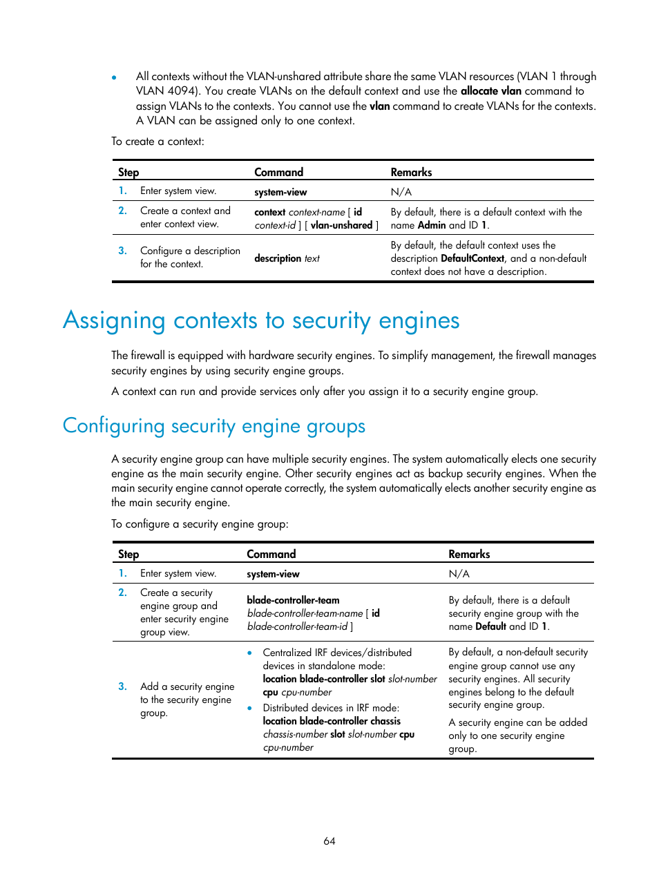 Assigning contexts to security engines, Configuring security engine groups | H3C Technologies H3C SecPath F5020 User Manual | Page 73 / 82