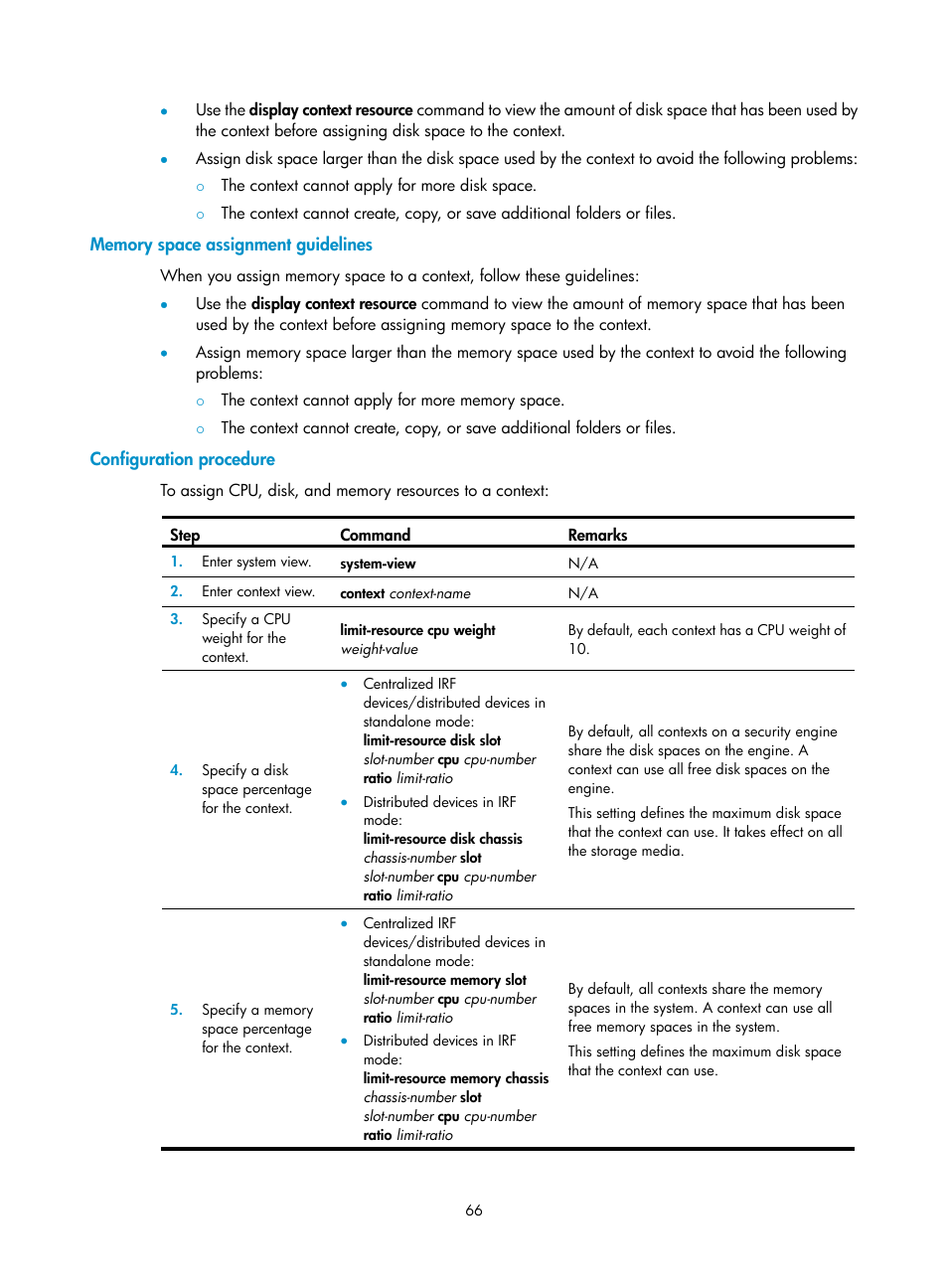Memory space assignment guidelines, Configuration procedure | H3C Technologies H3C SecPath F5020 User Manual | Page 75 / 82