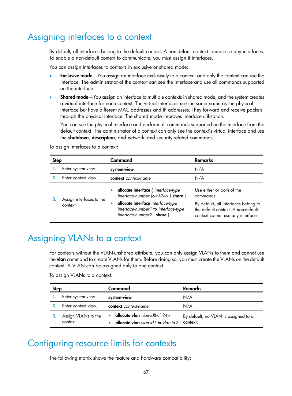 Assigning interfaces to a context, Assigning vlans to a context, Configuring resource limits for contexts | H3C Technologies H3C SecPath F5020 User Manual | Page 76 / 82