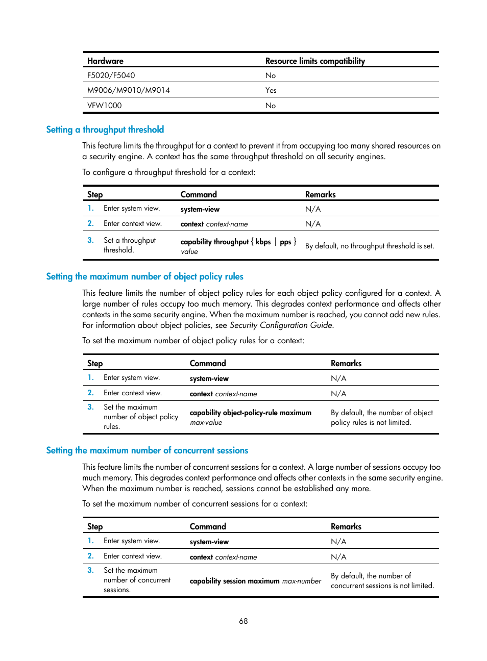 Setting a throughput threshold, Setting the maximum number of object policy rules, Setting the maximum number of concurrent sessions | H3C Technologies H3C SecPath F5020 User Manual | Page 77 / 82