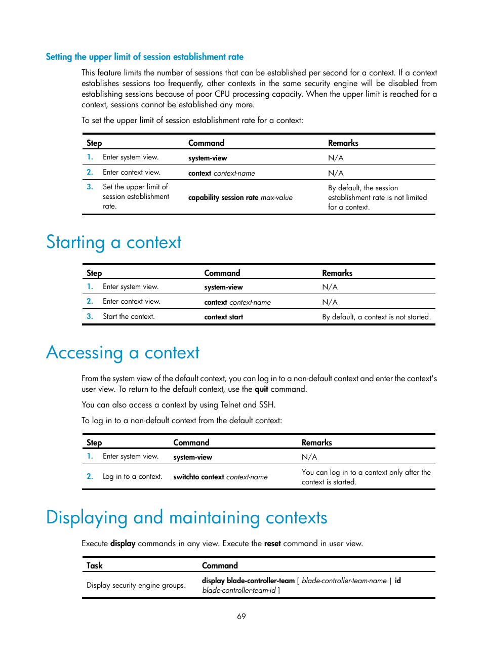 Starting a context, Accessing a context, Displaying and maintaining contexts | Required.) | H3C Technologies H3C SecPath F5020 User Manual | Page 78 / 82