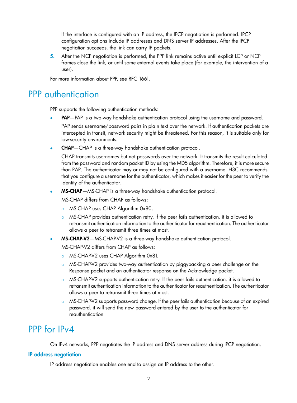 Ppp authentication, Ppp for ipv4, Ip address negotiation | H3C Technologies H3C SecPath F5020 User Manual | Page 10 / 56