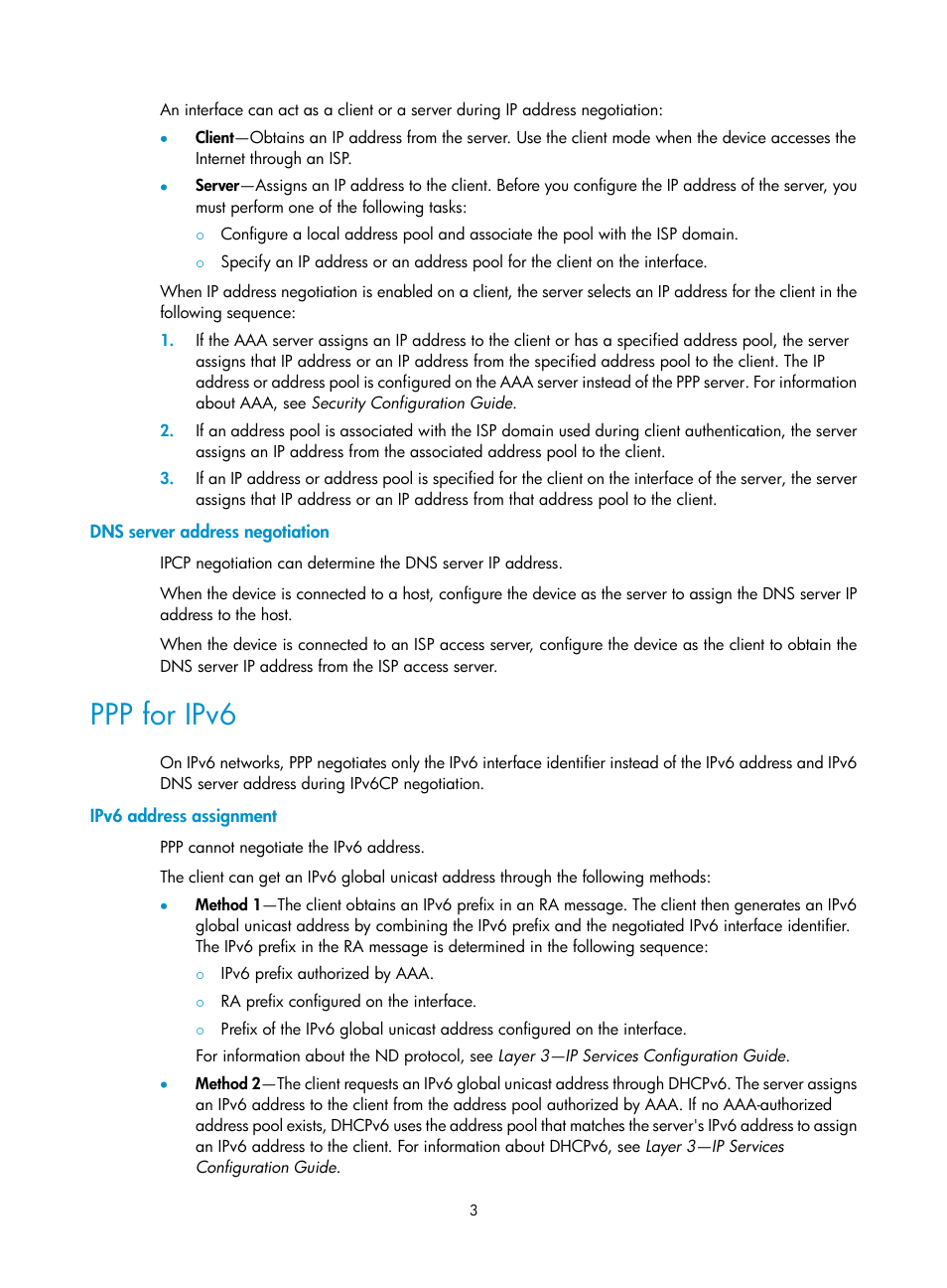 Dns server address negotiation, Ppp for ipv6, Ipv6 address assignment | H3C Technologies H3C SecPath F5020 User Manual | Page 11 / 56