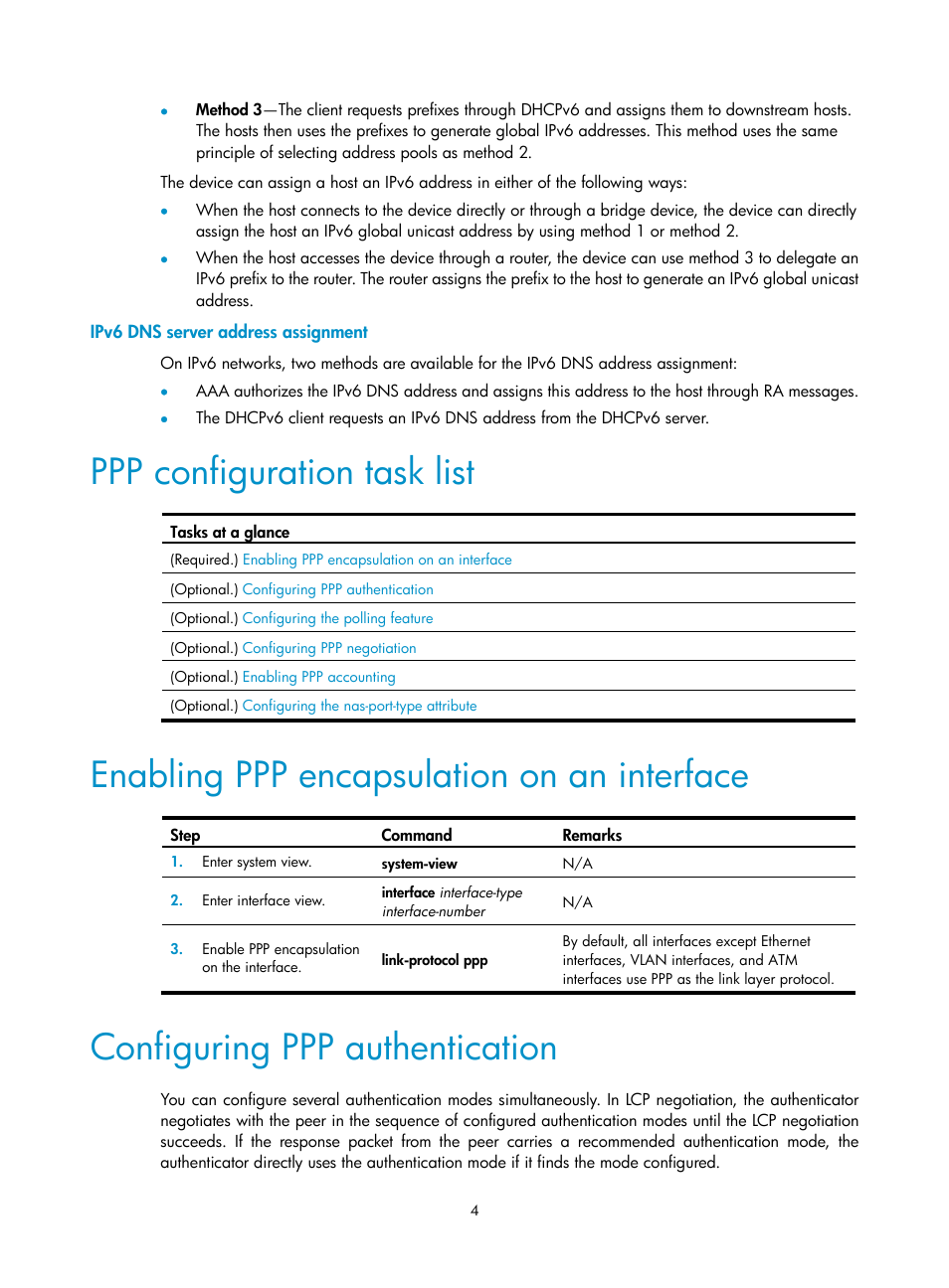 Ipv6 dns server address assignment, Ppp configuration task list, Enabling ppp encapsulation on an interface | Configuring ppp authentication | H3C Technologies H3C SecPath F5020 User Manual | Page 12 / 56