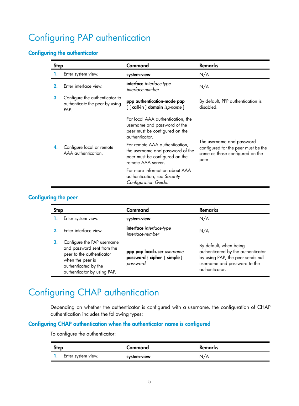 Configuring pap authentication, Configuring the authenticator, Configuring the peer | Configuring chap authentication | H3C Technologies H3C SecPath F5020 User Manual | Page 13 / 56