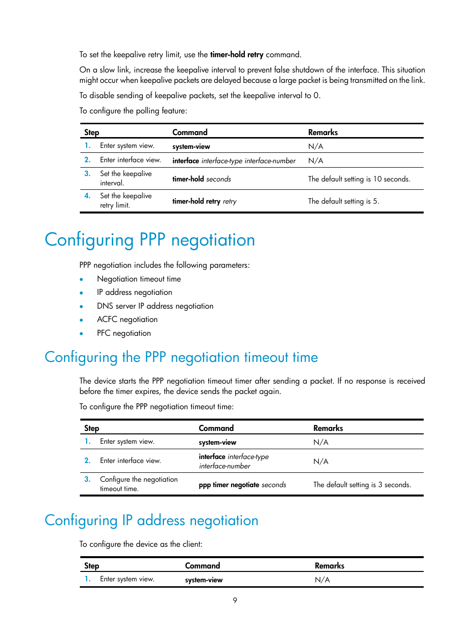 Configuring ppp negotiation, Configuring the ppp negotiation timeout time, Configuring ip address negotiation | H3C Technologies H3C SecPath F5020 User Manual | Page 17 / 56