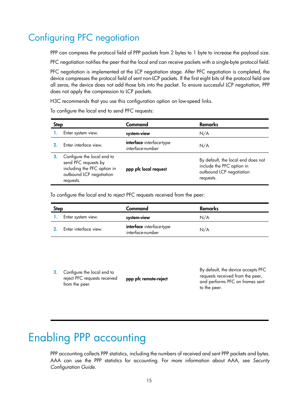 Configuring pfc negotiation, Enabling ppp accounting | H3C Technologies H3C SecPath F5020 User Manual | Page 23 / 56