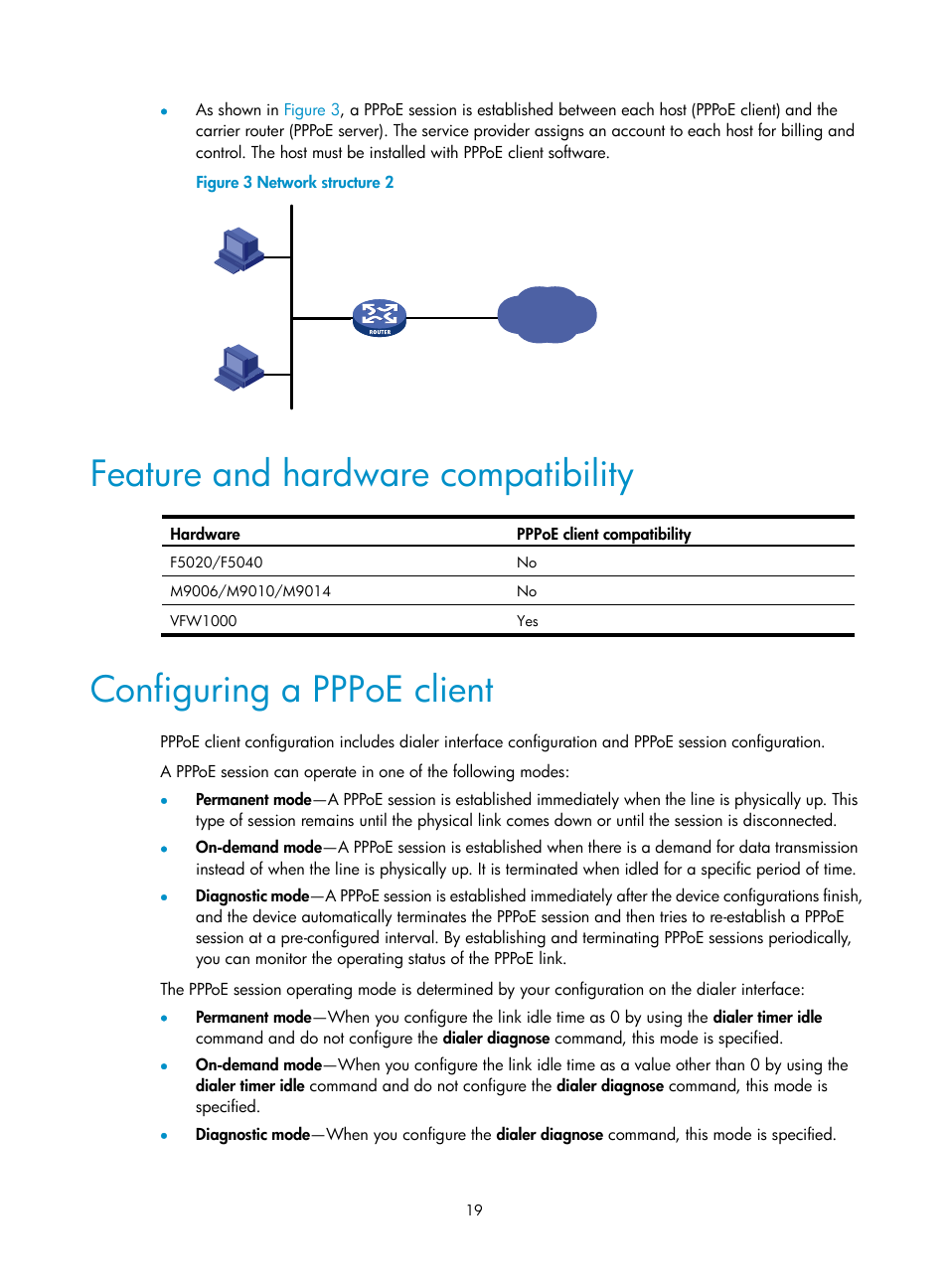 Feature and hardware compatibility, Configuring a pppoe client | H3C Technologies H3C SecPath F5020 User Manual | Page 27 / 56