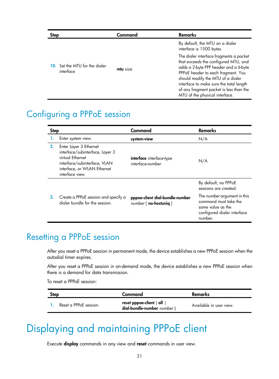 Configuring a pppoe session, Resetting a pppoe session, Displaying and maintaining pppoe client | H3C Technologies H3C SecPath F5020 User Manual | Page 29 / 56