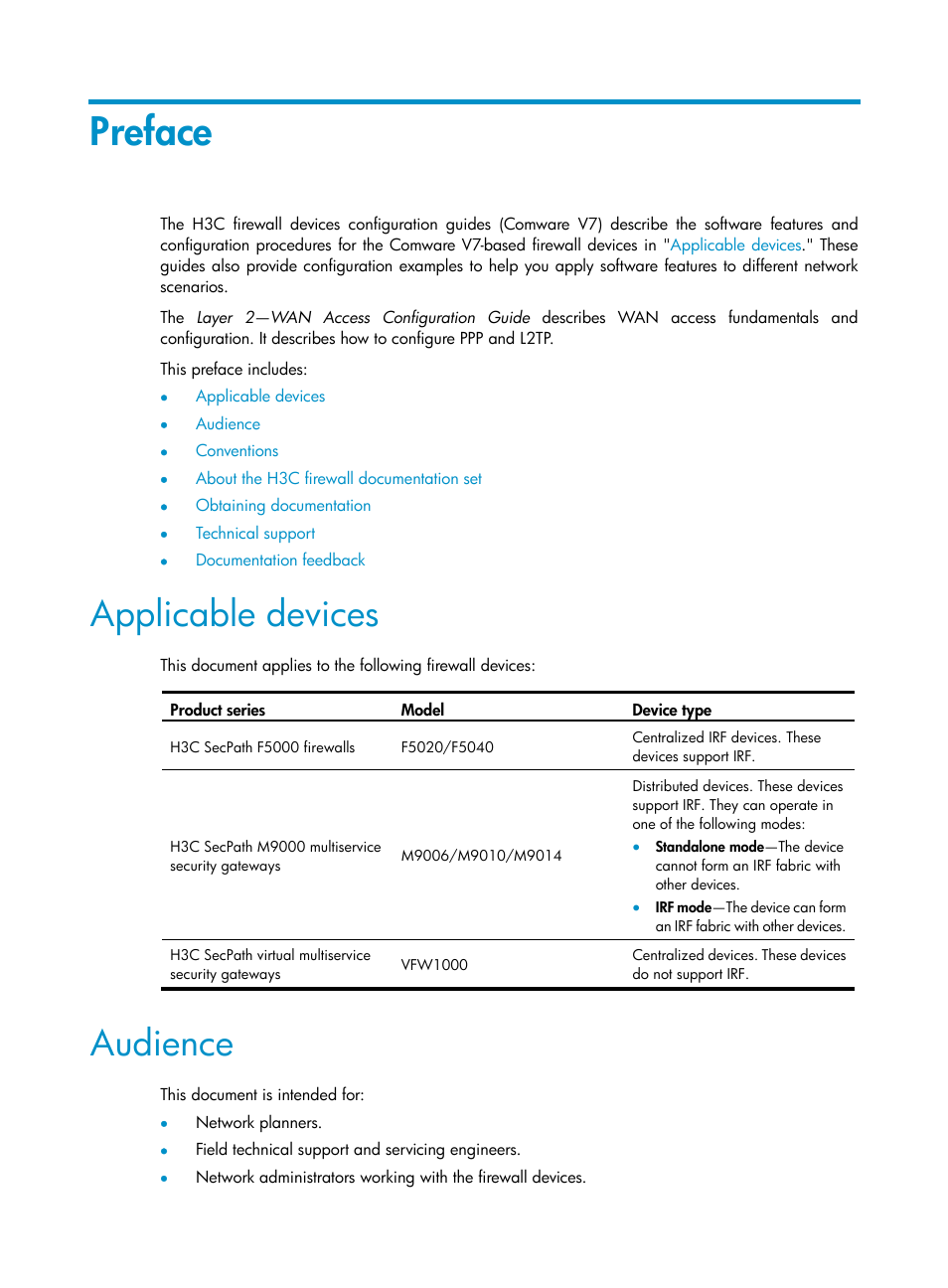 Preface, Applicable devices, Audience | H3C Technologies H3C SecPath F5020 User Manual | Page 3 / 56