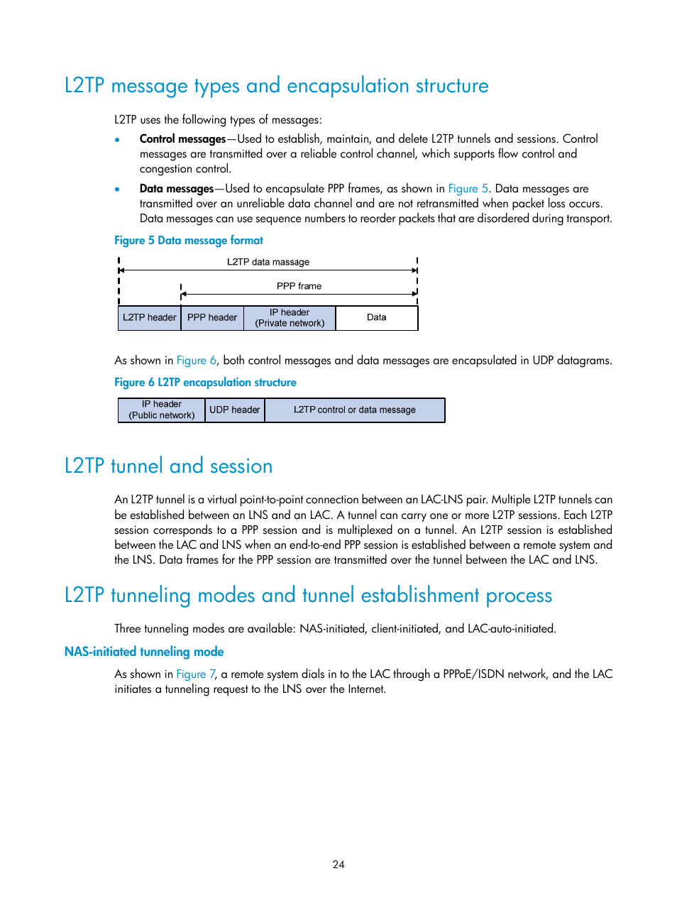 L2tp message types and encapsulation structure, L2tp tunnel and session, Nas-initiated tunneling mode | H3C Technologies H3C SecPath F5020 User Manual | Page 32 / 56