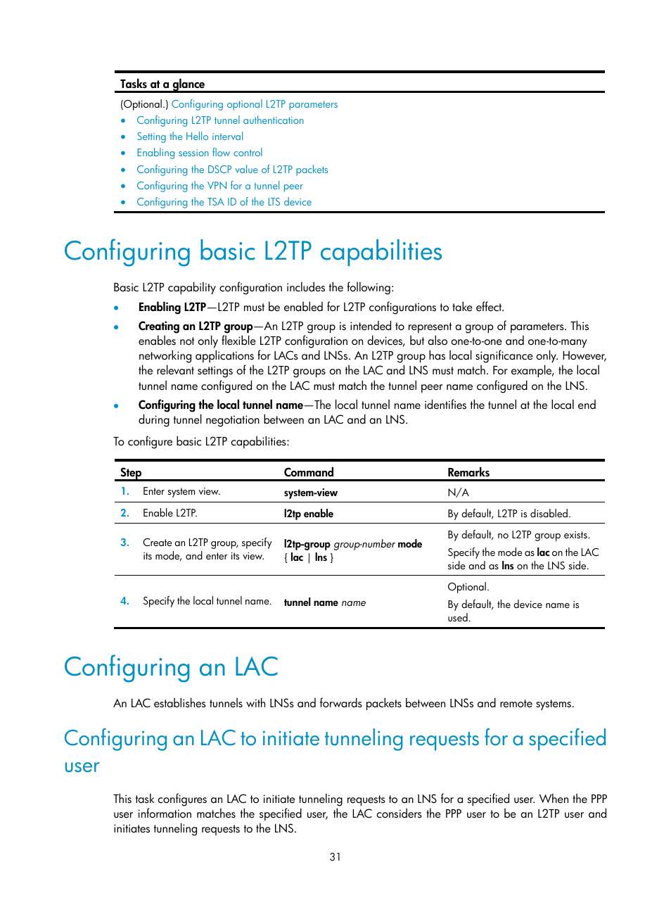 Configuring basic l2tp capabilities, Configuring an lac, Required.) | Specified user | H3C Technologies H3C SecPath F5020 User Manual | Page 39 / 56