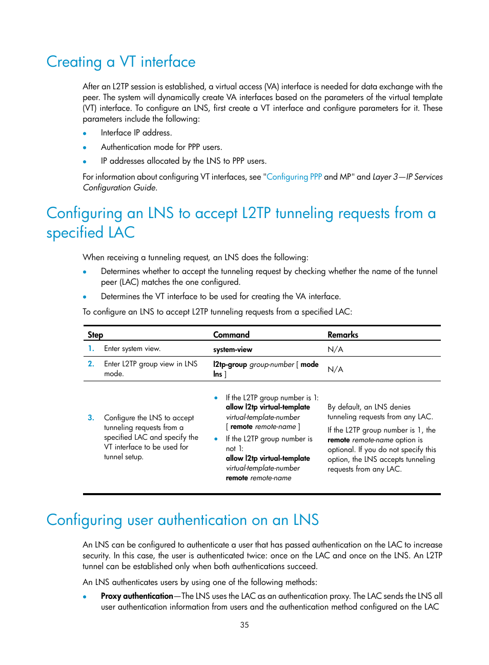 Creating a vt interface, Configuring user authentication on an lns | H3C Technologies H3C SecPath F5020 User Manual | Page 43 / 56