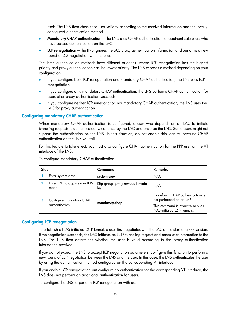 Configuring mandatory chap authentication, Configuring lcp renegotiation | H3C Technologies H3C SecPath F5020 User Manual | Page 44 / 56