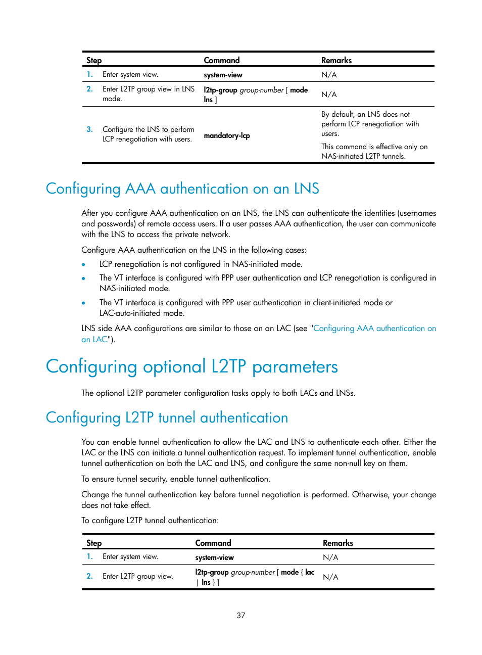 Configuring aaa authentication on an lns, Configuring optional l2tp parameters, Configuring l2tp tunnel authentication | H3C Technologies H3C SecPath F5020 User Manual | Page 45 / 56