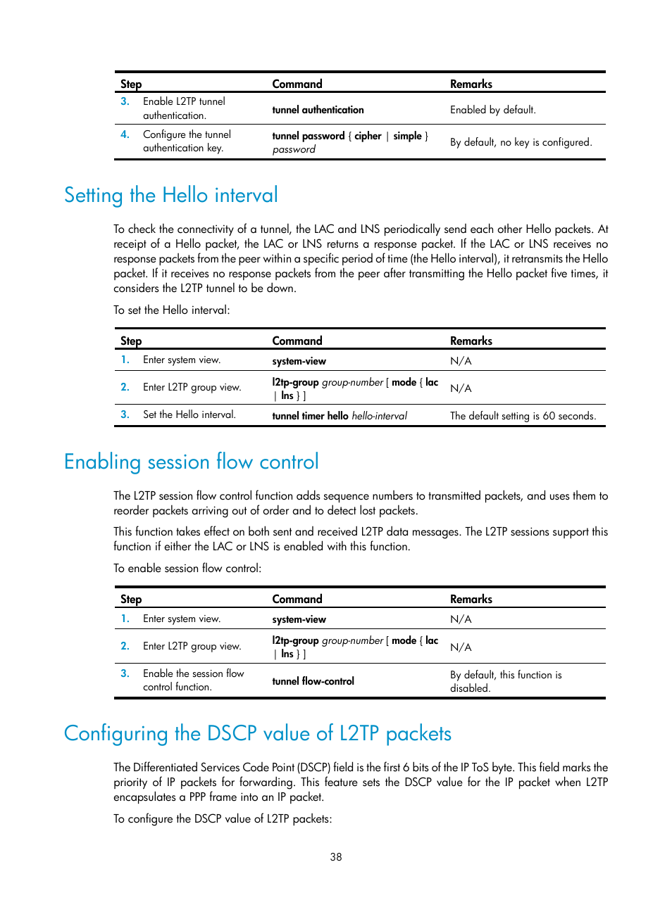 Setting the hello interval, Enabling session flow control, Configuring the dscp value of l2tp packets | H3C Technologies H3C SecPath F5020 User Manual | Page 46 / 56