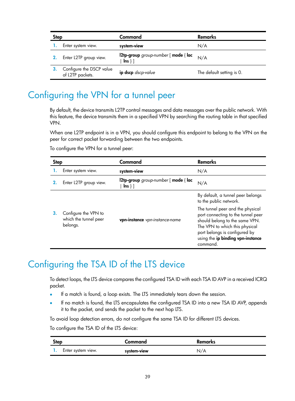 Configuring the vpn for a tunnel peer, Configuring the tsa id of the lts device | H3C Technologies H3C SecPath F5020 User Manual | Page 47 / 56