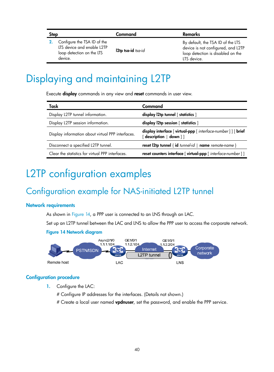 Displaying and maintaining l2tp, L2tp configuration examples, Network requirements | Configuration procedure | H3C Technologies H3C SecPath F5020 User Manual | Page 48 / 56