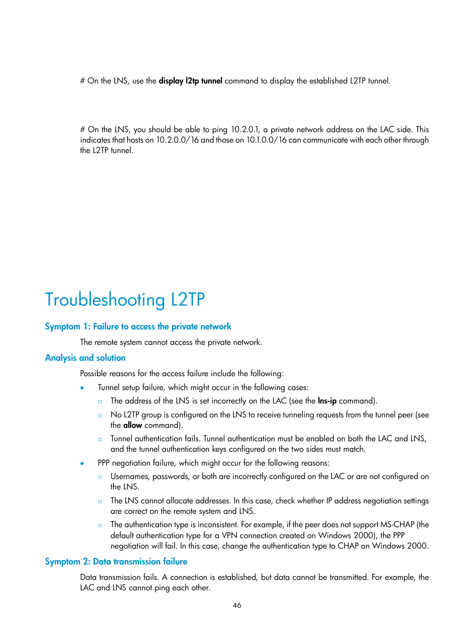 Troubleshooting l2tp, Symptom 1: failure to access the private network, Analysis and solution | Symptom 2: data transmission failure | H3C Technologies H3C SecPath F5020 User Manual | Page 54 / 56