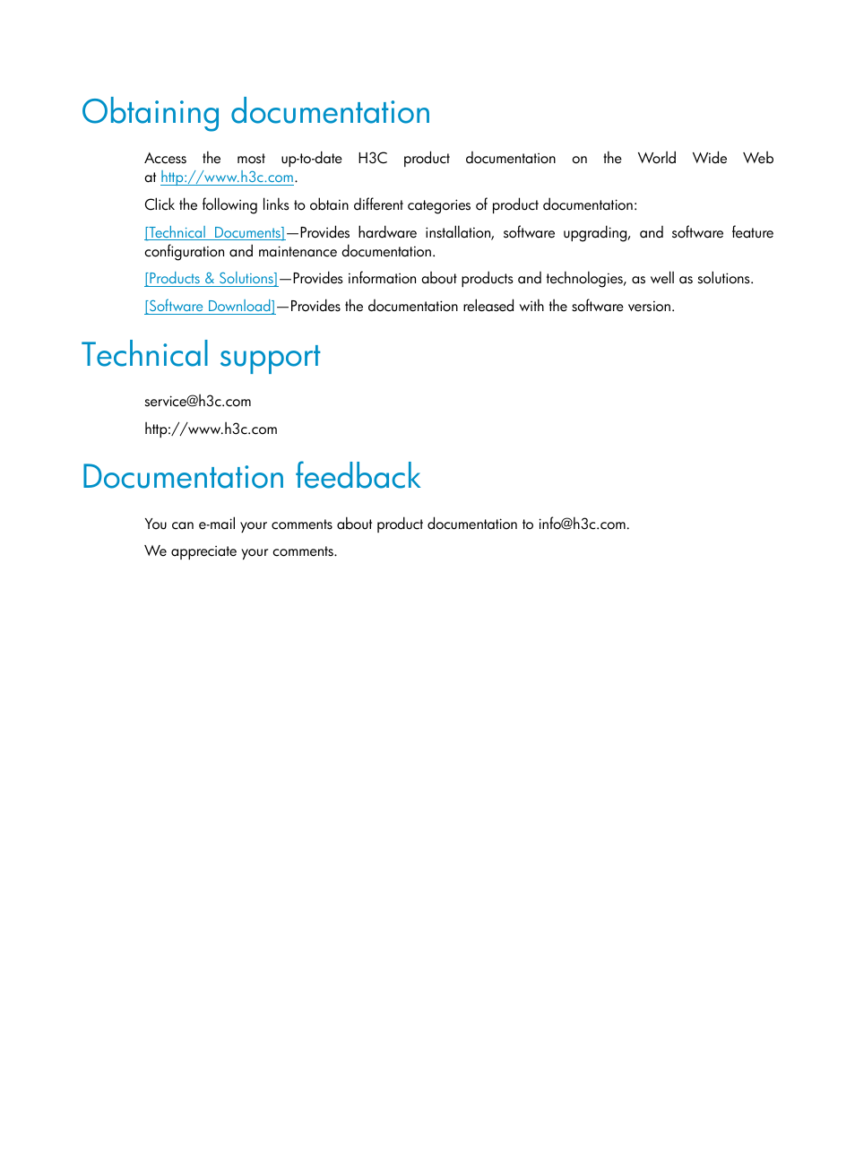 Obtaining documentation, Technical support, Documentation feedback | H3C Technologies H3C SecPath F5020 User Manual | Page 6 / 56