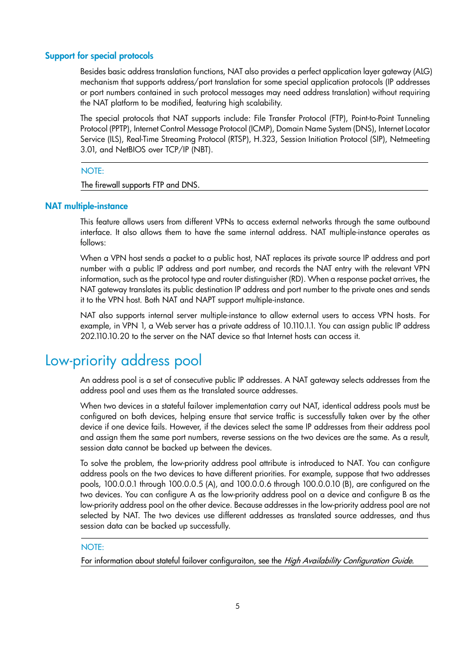 Support for special protocols, Nat multiple-instance, Low-priority address pool | H3C Technologies H3C SecBlade FW Cards User Manual | Page 12 / 45