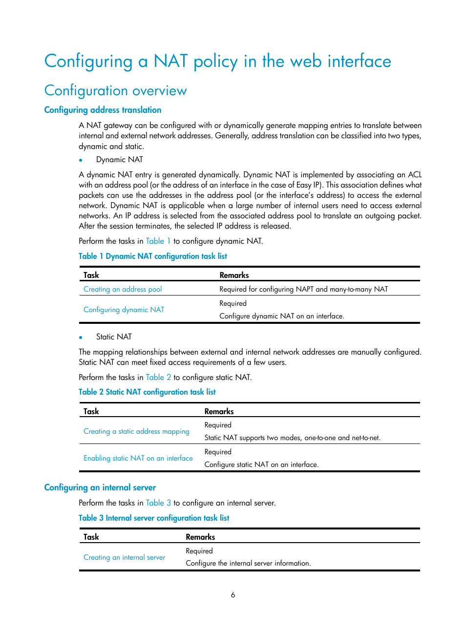 Configuring a nat policy in the web interface, Configuration overview, Configuring address translation | Configuring an internal server | H3C Technologies H3C SecBlade FW Cards User Manual | Page 13 / 45