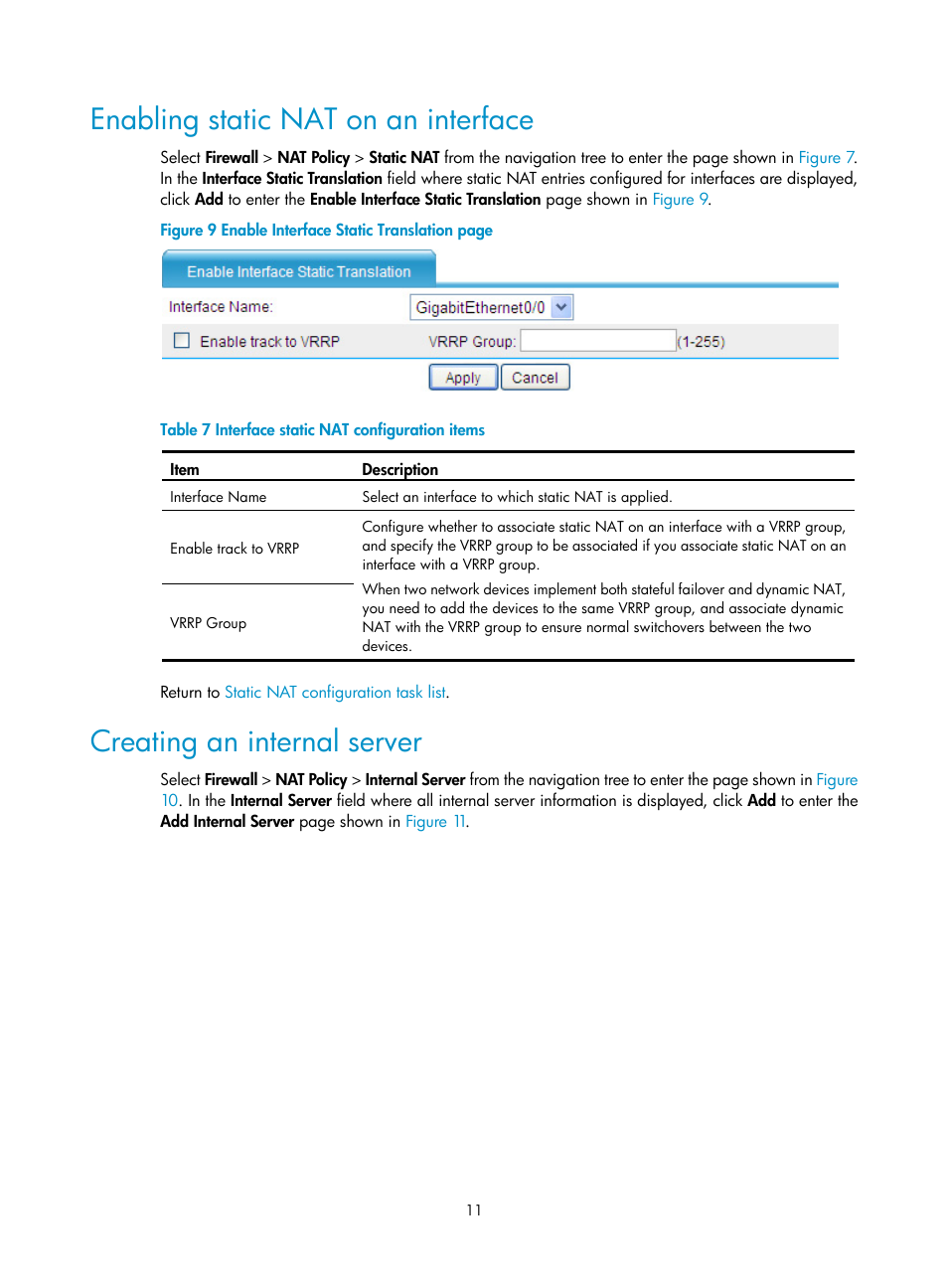 Enabling static nat on an interface, Creating an internal server | H3C Technologies H3C SecBlade FW Cards User Manual | Page 18 / 45