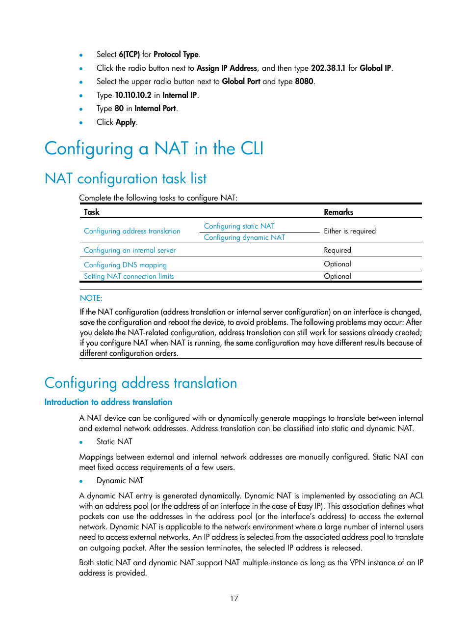 Configuring a nat in the cli, Nat configuration task list, Configuring address translation | Introduction to address translation | H3C Technologies H3C SecBlade FW Cards User Manual | Page 24 / 45