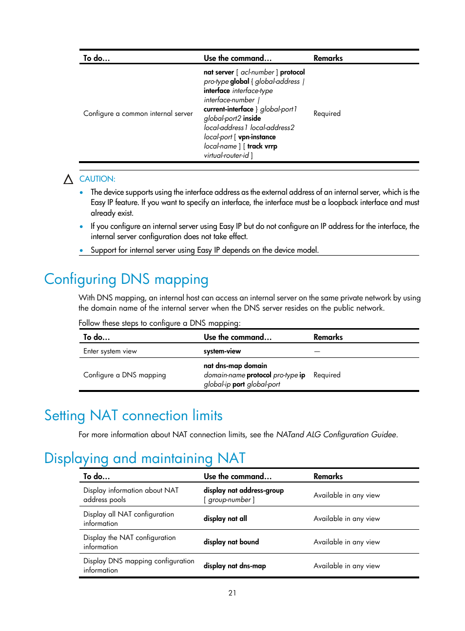 Configuring dns mapping, Setting nat connection limits, Displaying and maintaining nat | H3C Technologies H3C SecBlade FW Cards User Manual | Page 28 / 45