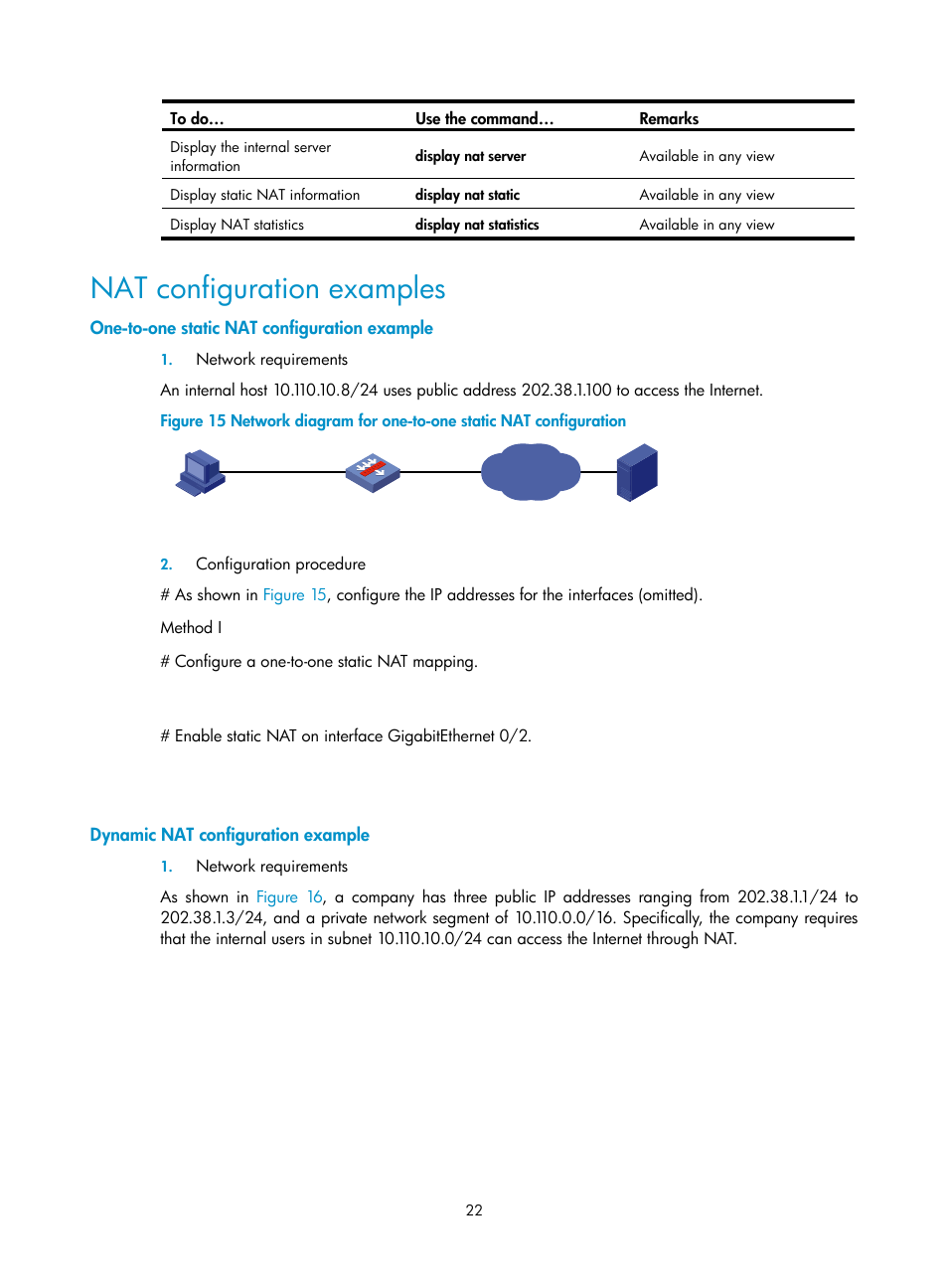 Nat configuration examples, One-to-one static nat configuration example, Dynamic nat configuration example | H3C Technologies H3C SecBlade FW Cards User Manual | Page 29 / 45