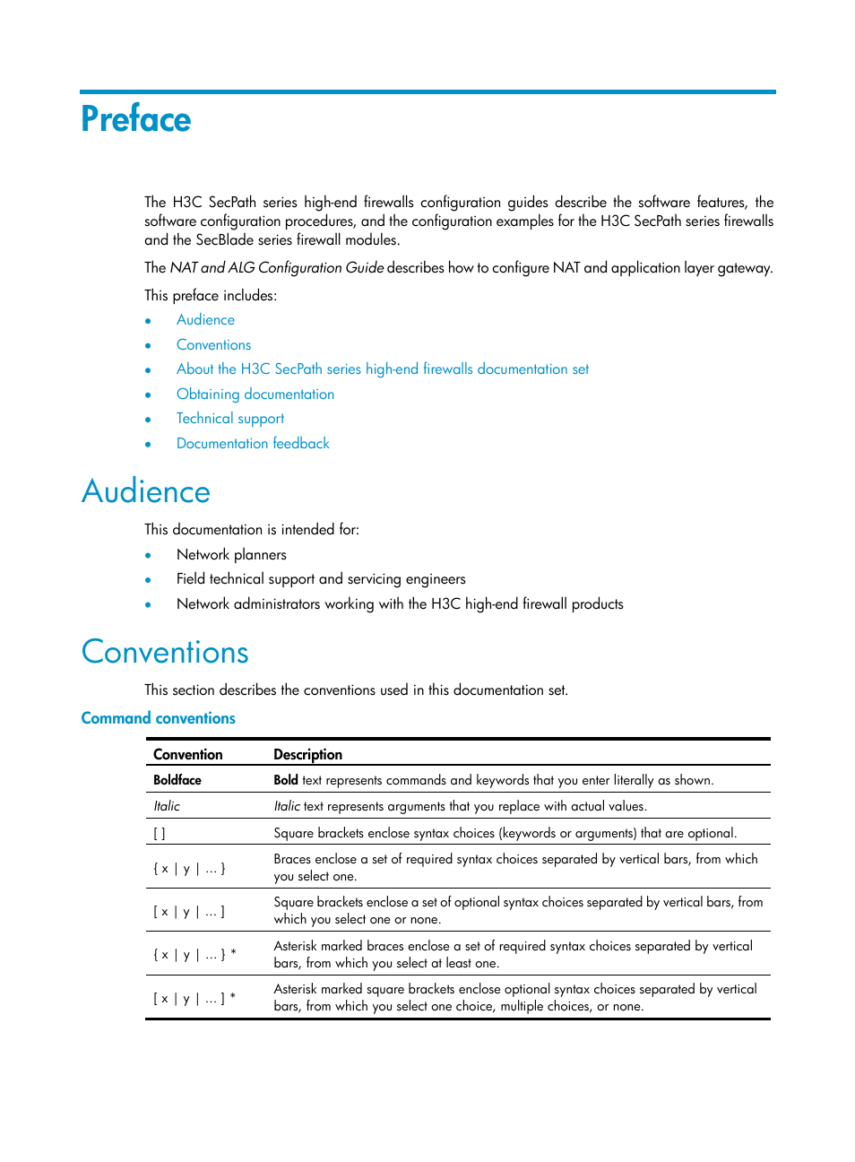 Preface, Audience, Conventions | Command conventions | H3C Technologies H3C SecBlade FW Cards User Manual | Page 3 / 45