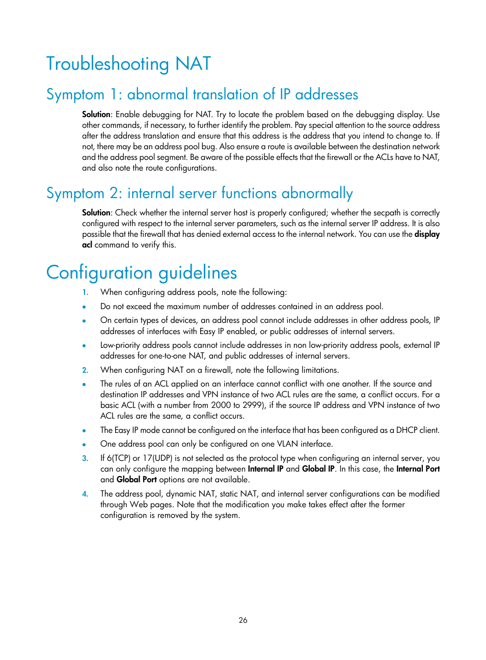 Troubleshooting nat, Symptom 1: abnormal translation of ip addresses, Symptom 2: internal server functions abnormally | Configuration guidelines | H3C Technologies H3C SecBlade FW Cards User Manual | Page 33 / 45