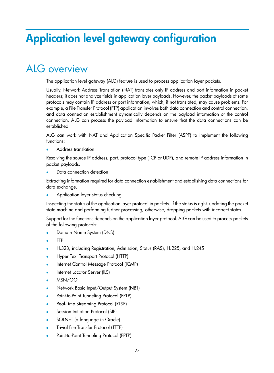 Application level gateway configuration, Alg overview | H3C Technologies H3C SecBlade FW Cards User Manual | Page 34 / 45