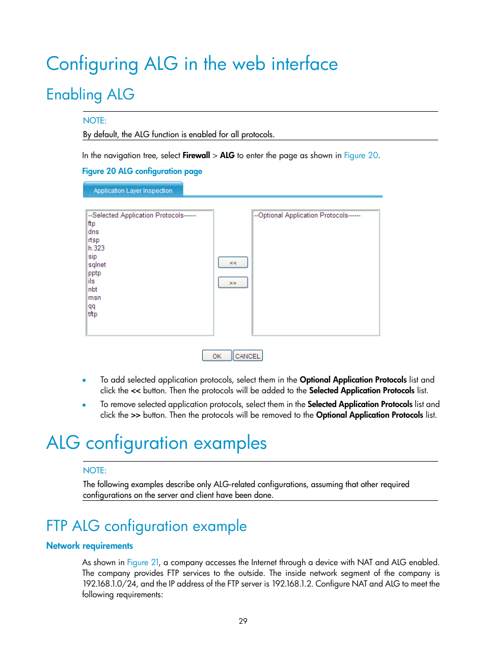 Configuring alg in the web interface, Enabling alg, Alg configuration examples | Ftp alg configuration example, Network requirements | H3C Technologies H3C SecBlade FW Cards User Manual | Page 36 / 45