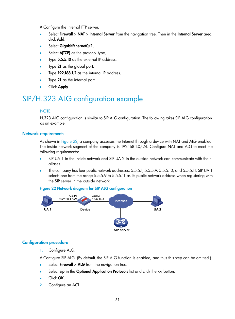 Sip/h.323 alg configuration example, Network requirements, Configuration procedure | H3C Technologies H3C SecBlade FW Cards User Manual | Page 38 / 45