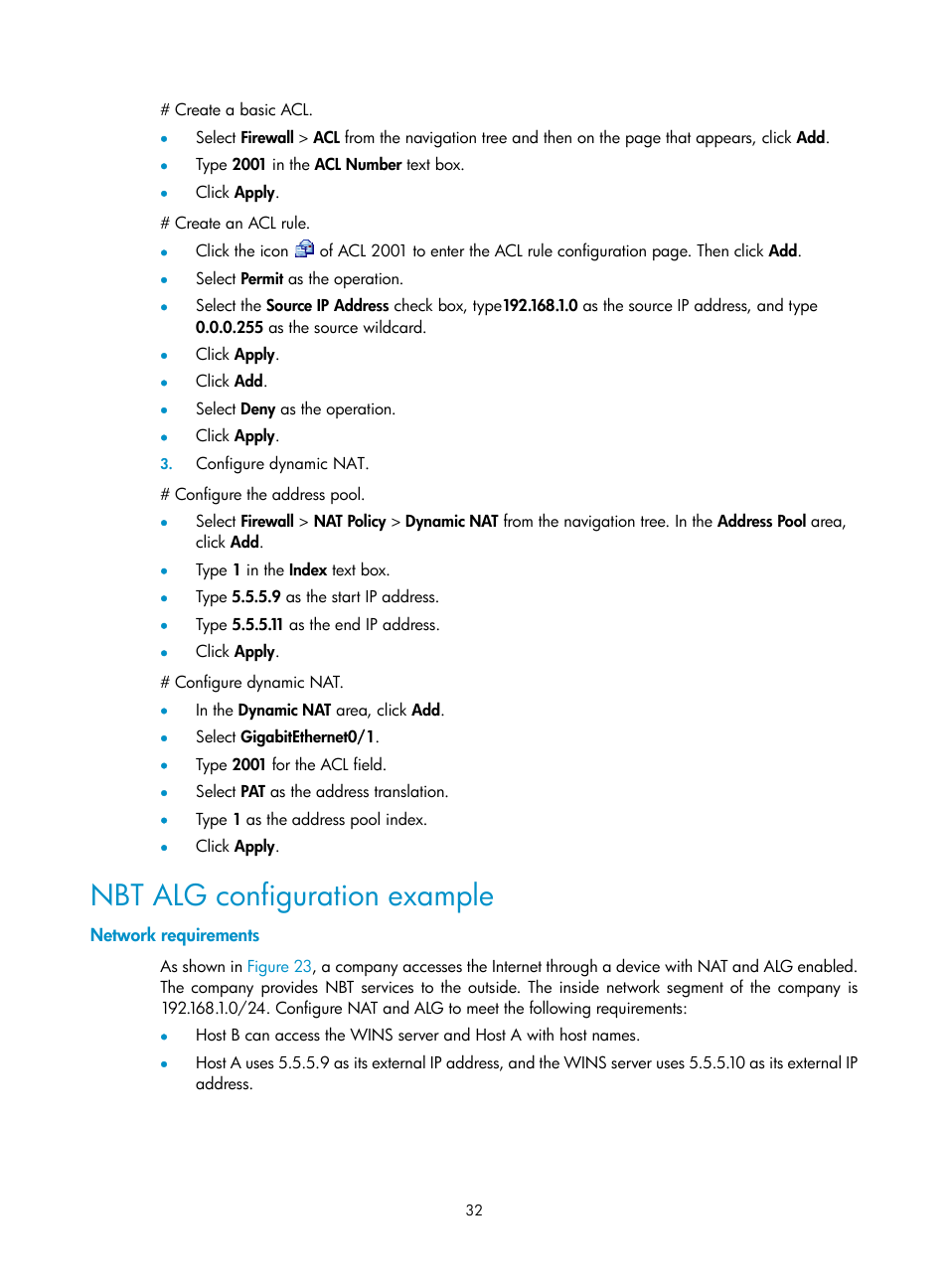 Nbt alg configuration example, Network requirements | H3C Technologies H3C SecBlade FW Cards User Manual | Page 39 / 45