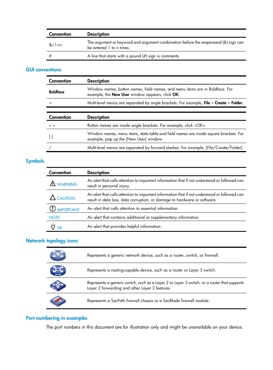 Gui conventions, Symbols, Network topology icons | Port numbering in examples | H3C Technologies H3C SecBlade FW Cards User Manual | Page 4 / 45