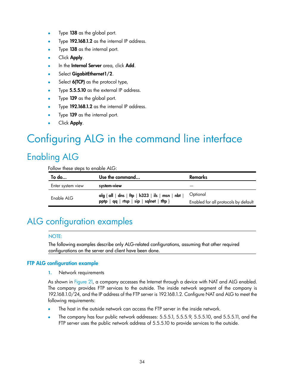 Configuring alg in the command line interface, Enabling alg, Alg configuration examples | Ftp alg configuration example | H3C Technologies H3C SecBlade FW Cards User Manual | Page 41 / 45