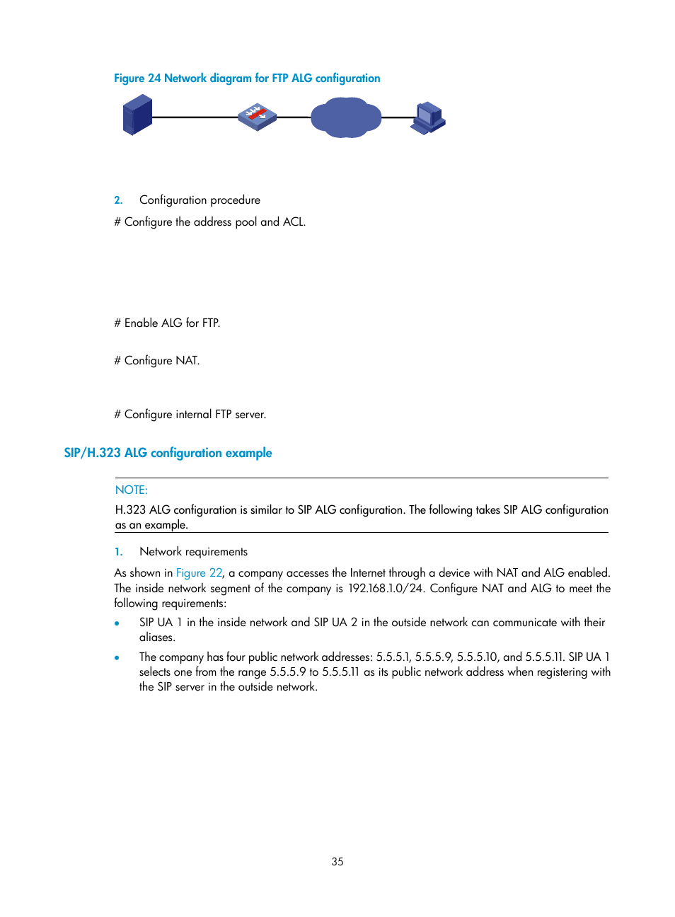 Sip/h.323 alg configuration example | H3C Technologies H3C SecBlade FW Cards User Manual | Page 42 / 45