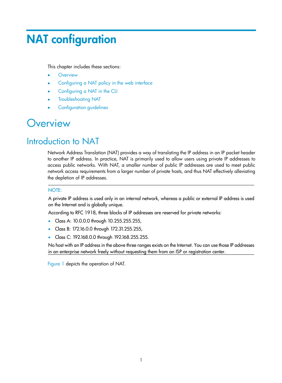 Nat configuration, Overview, Introduction to nat | H3C Technologies H3C SecBlade FW Cards User Manual | Page 8 / 45