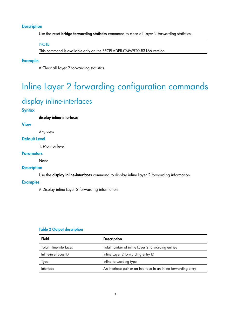 Inline layer 2 forwarding configuration commands, Display inline-interfaces | H3C Technologies H3C SecBlade FW Cards User Manual | Page 14 / 16