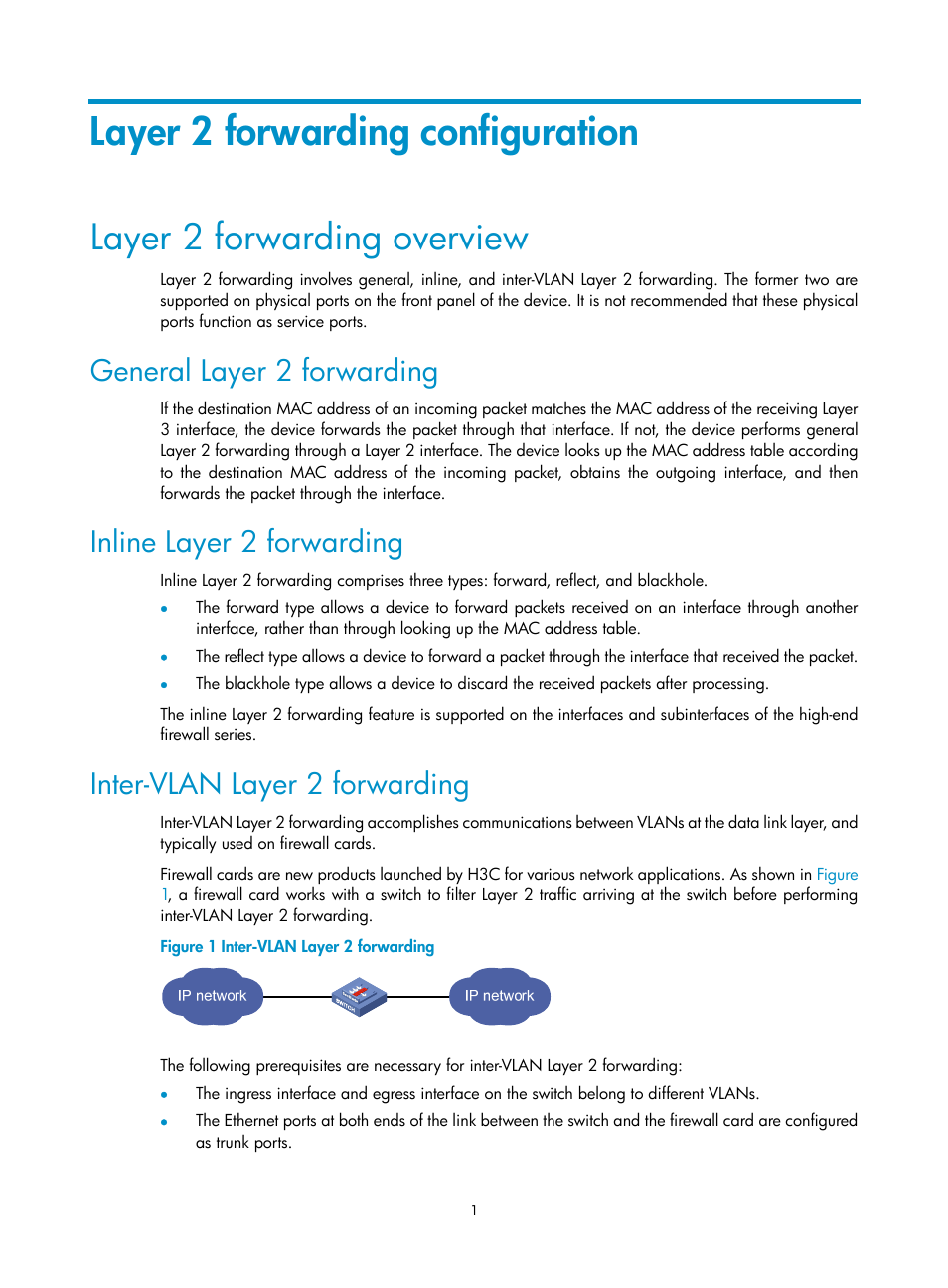 Layer 2 forwarding configuration, Layer 2 forwarding overview, General layer 2 forwarding | Inline layer 2 forwarding, Inter-vlan layer 2 forwarding | H3C Technologies H3C SecBlade FW Cards User Manual | Page 2 / 16